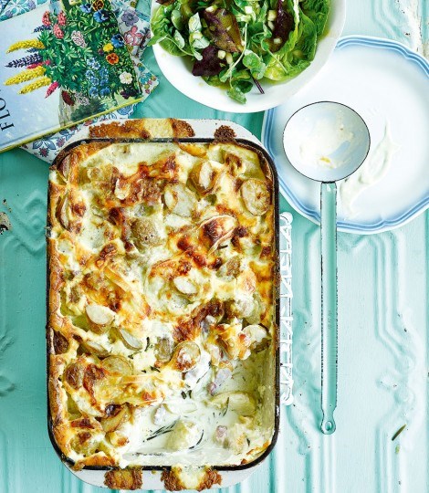 Slow-cooked smoky bacon tartiflette