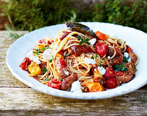 Slow-cooked tomato & merguez spaghetti