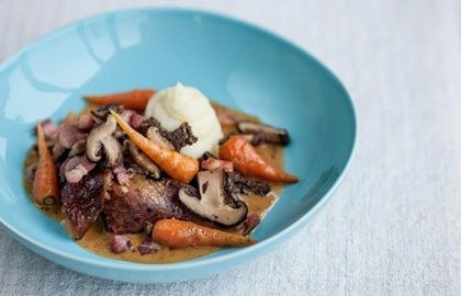 Slow cooked turkey leg, pancetta, wild mushrooms and baby vegetables