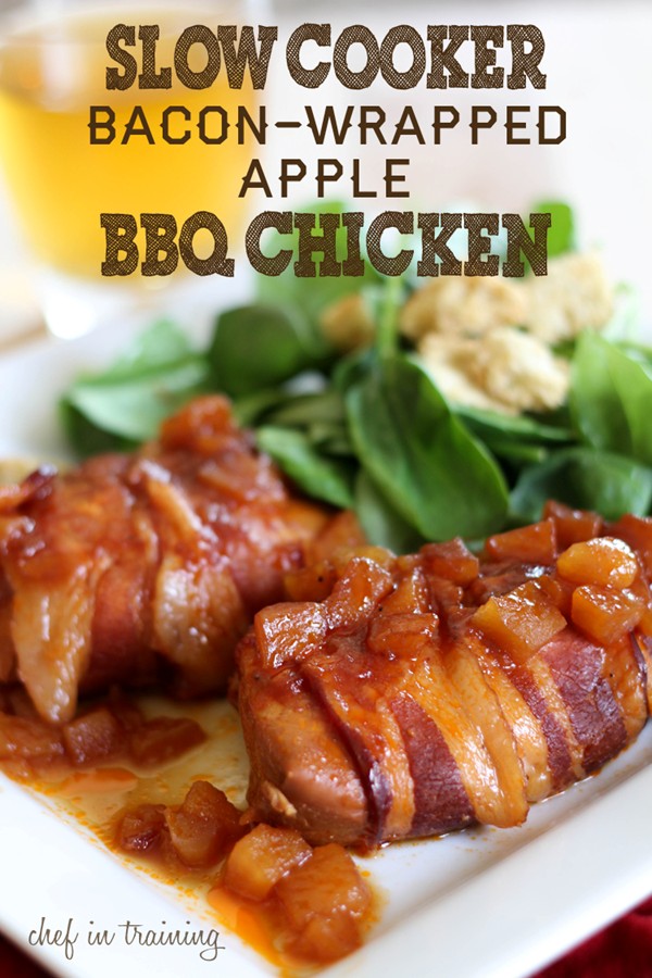 Slow cooker bacon-wrapped apple BBQ chicken