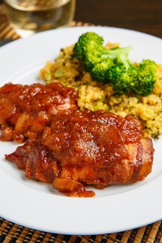 Slow cooker bacon wrapped apple BBQ chicken