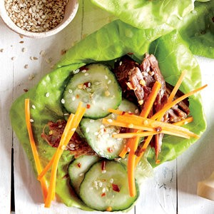 Slow cooker beef lettuce wraps with quick pickles