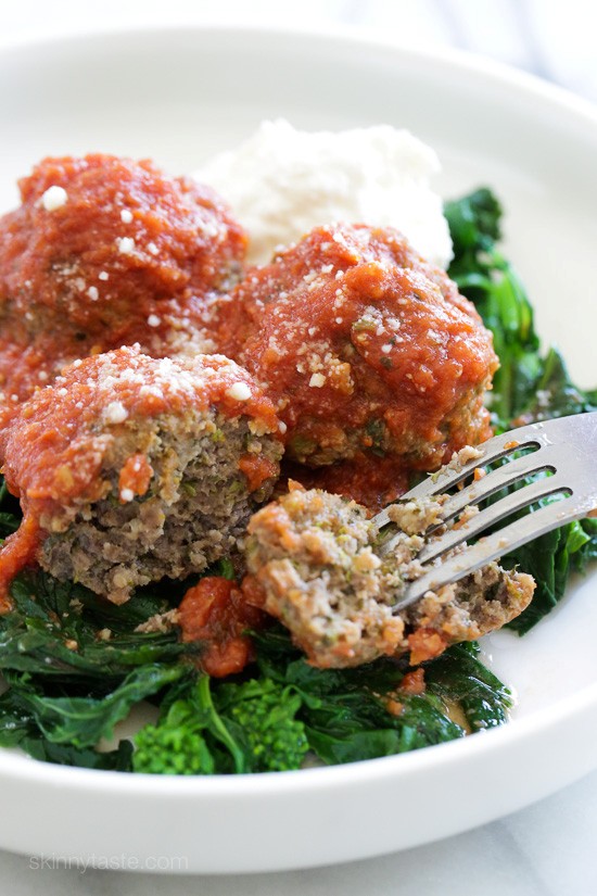 Slow cooker beef meatballs with broccoli rabe