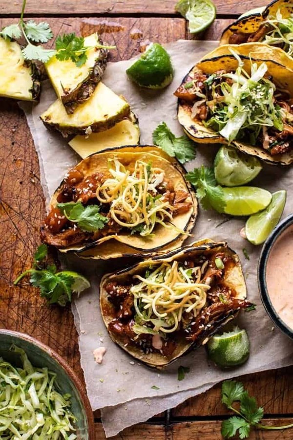 Slow cooker braised Hawaiian pineapple chicken tacos