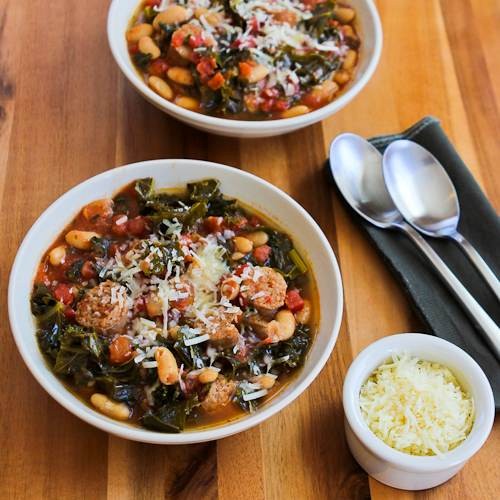 Slow cooker cannellini bean stew with tomatoes, Italian sausage, and kale