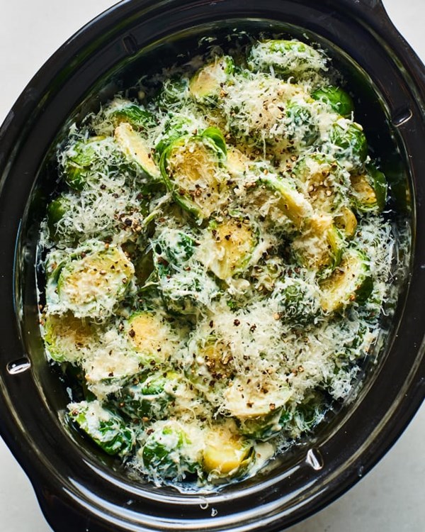 Slow cooker cheesy garlic Brussels sprouts