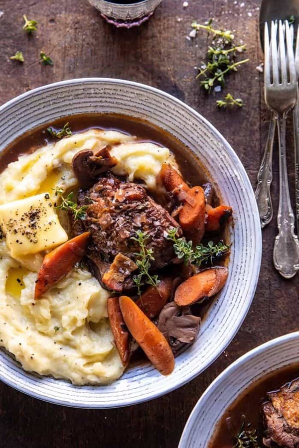 Slow cooker coq au vin with Parmesan mashed potatoes