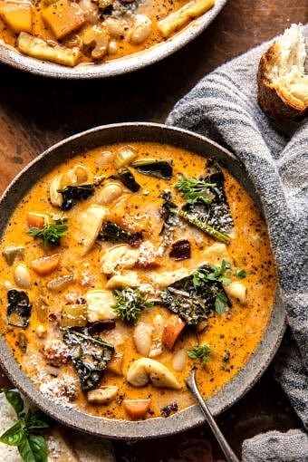 Slow cooker creamy white bean noodle soup with rosemary bacon