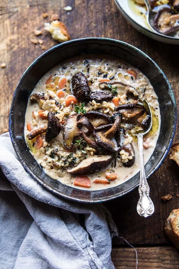 Slow cooker creamy wild rice soup with butter roasted mushrooms