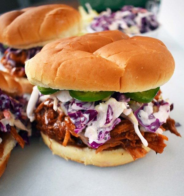 Slow cooker Dr. Pepper pulled pork sandwich