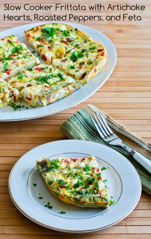 Slow cooker frittata with artichoke hearts, roasted red pepper, and feta