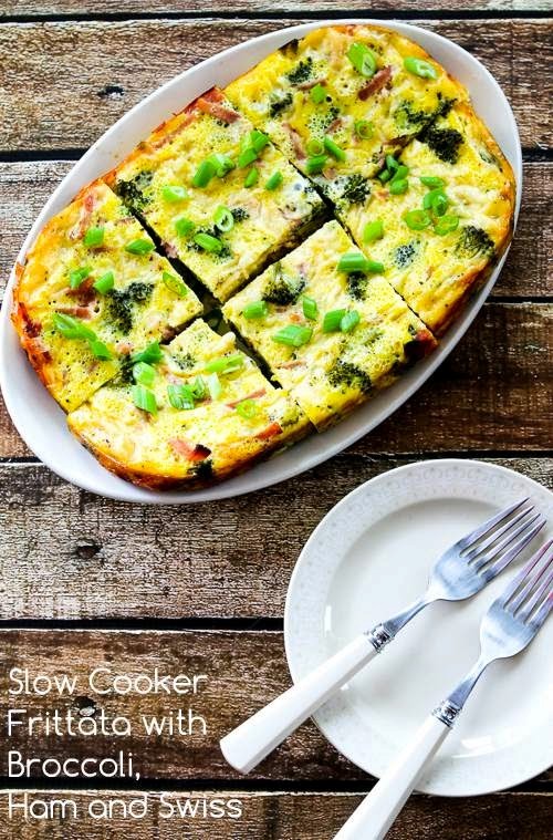 Slow cooker frittata with broccoli, ham, and Swiss 