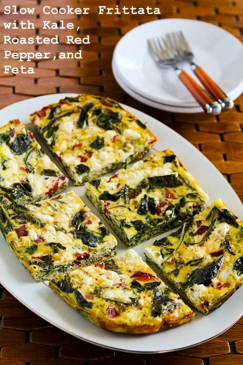 Slow cooker frittata with kale, roasted red pepper, and feta