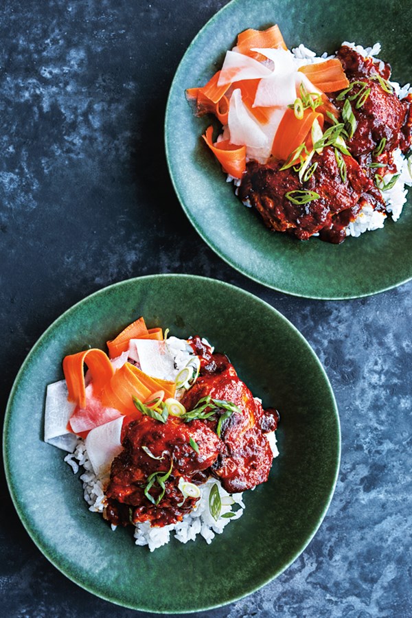 Slow-cooker Korean-style chicken with pickled daikon and carrots
