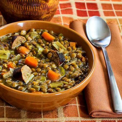 Slow cooker lentil soup with turkey bratwurst, leeks, and sherry vinegar
