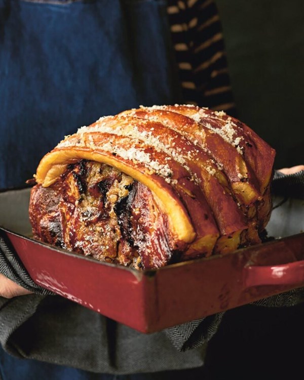 Slow-cooker pork shoulder stuffed with orange and prunes 