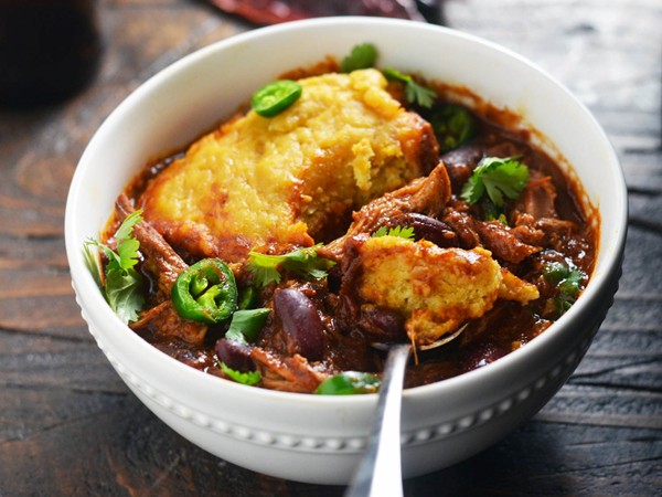 Slow-cooker pulled-pork chili with cornbread dumplings
