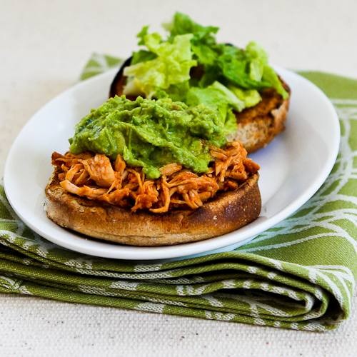 Slow cooker recipe for Sriracha-pineapple barbecued chicken sandwiches with easy guacamole