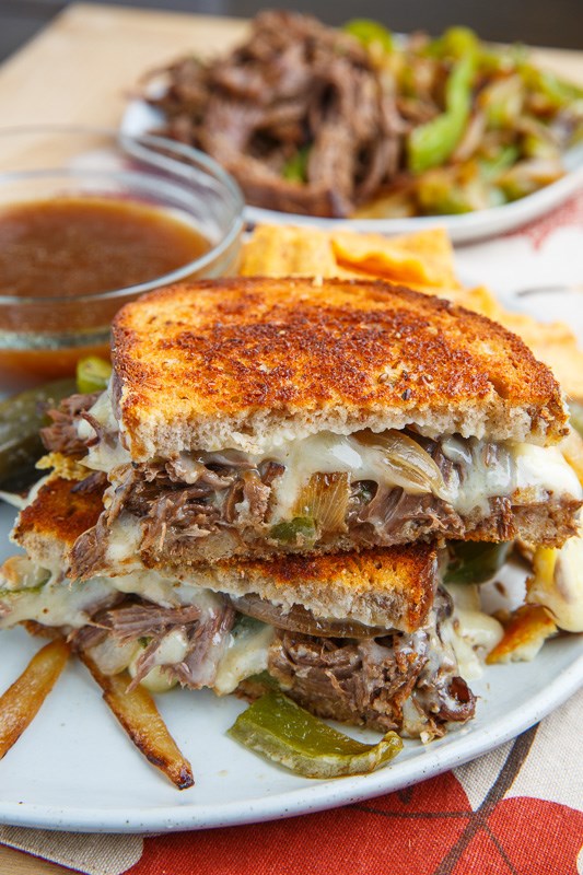 Slow cooker roast beef Philly cheesesteak French dip grilled cheese sandwich