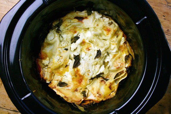 Slow-cooker spinach, rocket, watercress and ricotta lasagne