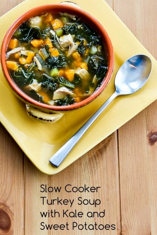 Slow cooker turkey (or chicken) soup with kale and sweet potatoes