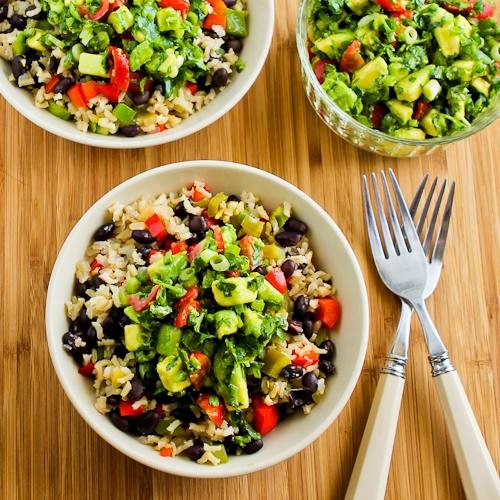 Slow cooker vegan brown rice Mexican bowl with black beans, bell peppers, and poblano-avocado salsa