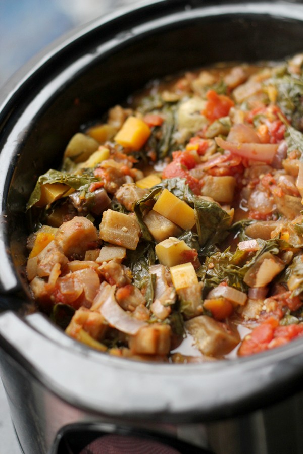 Slow cooker winter ratatouille with goat cheese polenta