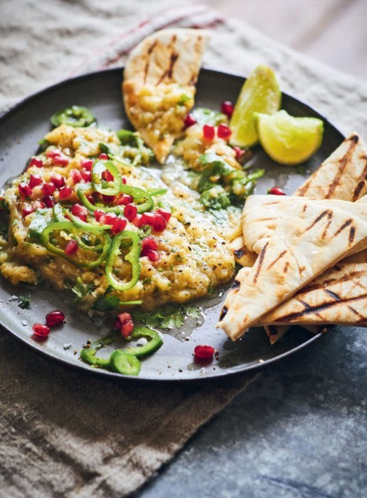 Slow grilled aubergines with lime, chilli and coriander