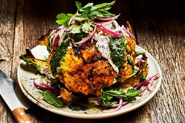 Slow-grilled cauliflower with tahina and zhough