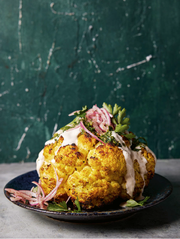 Slow-grilled cauliflower with tahina and zhoug 
