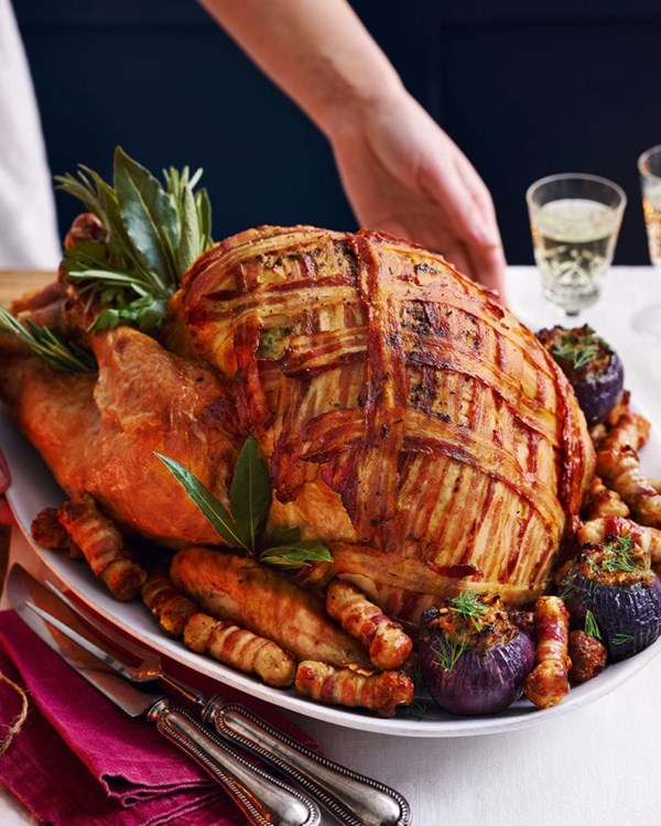 Slow-roast bacon-wrapped turkey with citrus, mustard & tarragon butter