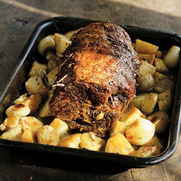 Slow-roast beef brisket with potatoes and onions
