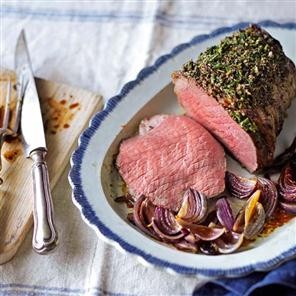 Slow-roast beef with a pepper & rosemary crust and Guinness onions