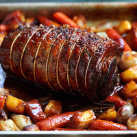 Slow-roast brisket with roasted vegetables