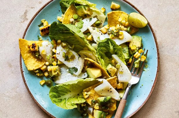 Slow roast cod with avocado, coriander & charred corn salad