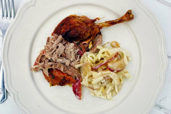 Slow roast duck with fennel and plum slaw