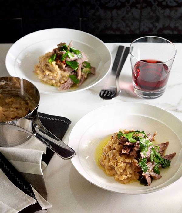 Slow-roast harissa lamb shoulder with chickpeas and parsley