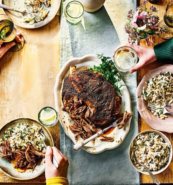 Slow-roast lamb and yogurt orzo with pine nuts, herbs and currants