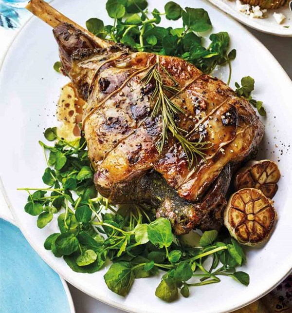 Slow-roast lamb leg with watercress, anchovy and capers