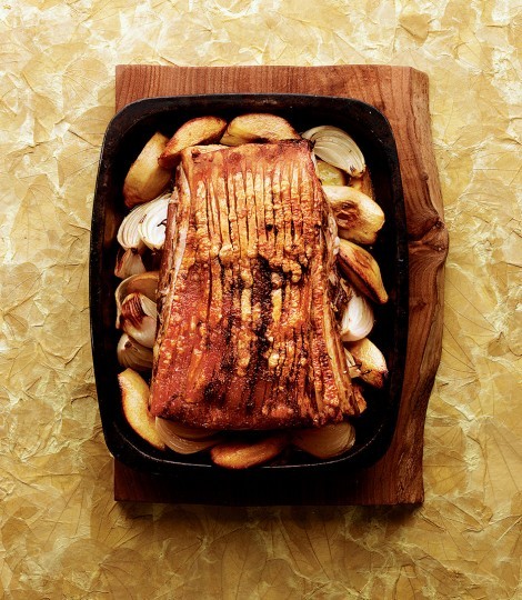 Slow roast pork belly with quince
