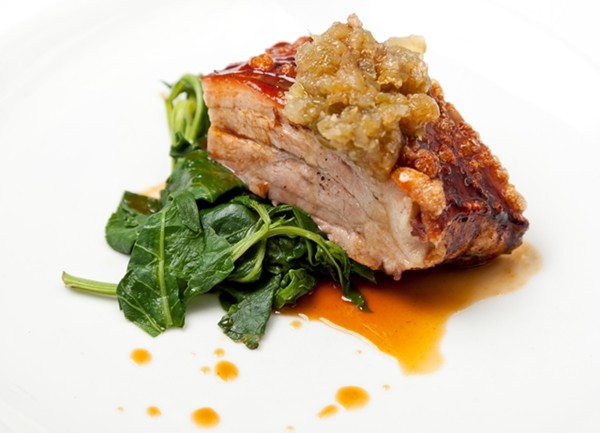 Slow-roast pork belly with green pepper relish
