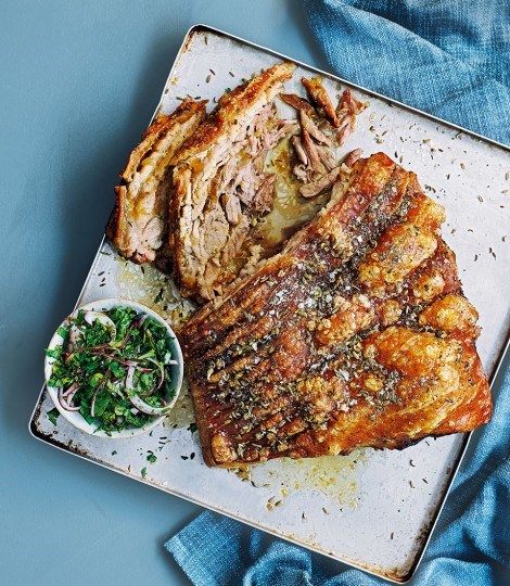 Slow-roast pork belly with sherry gravy and mint relish