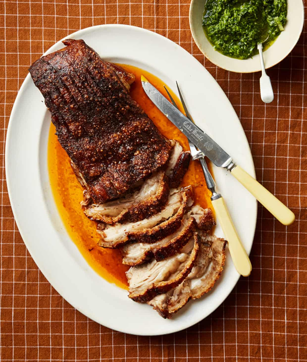 Slow-roast pork belly with spring onion mojo verde