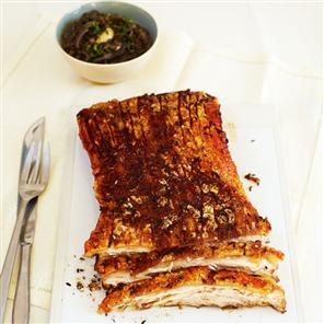 Slow-roast pork belly with lentils
