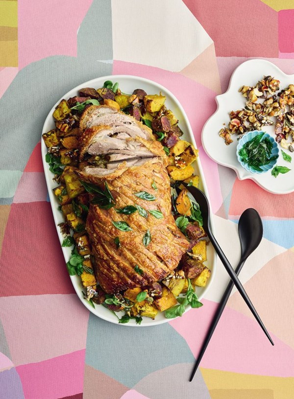 Slow roast pork with coconut, kumara, cashew & seed brittle