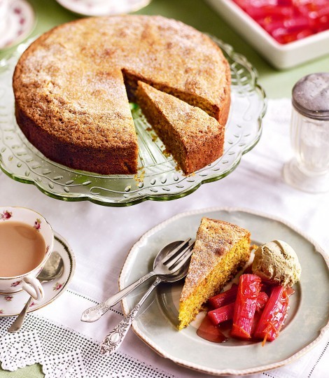 Slow-roast rhubarb with pistachio cake