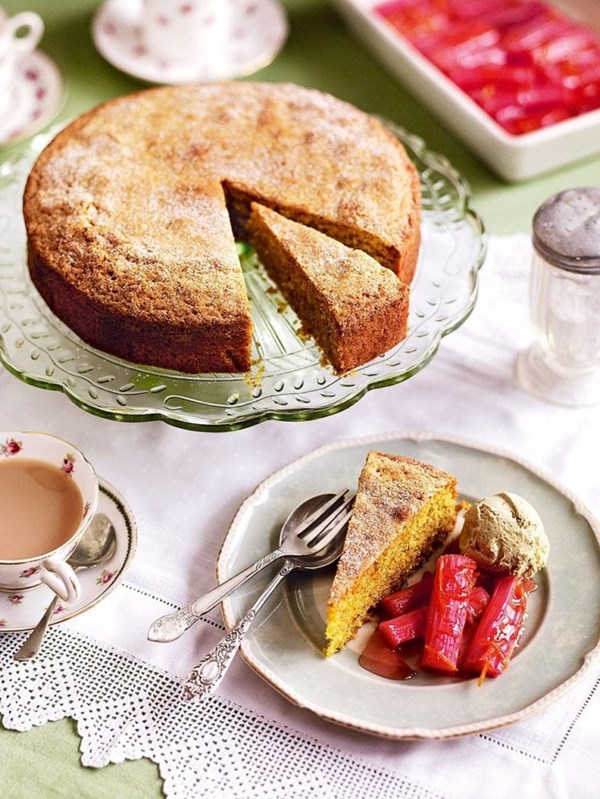 Slow-roast rhubarb with pistachio cake