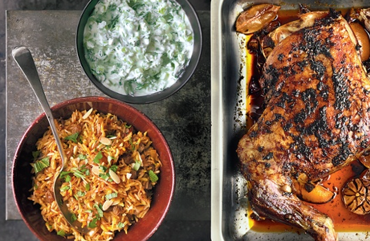 Slow-roast shoulder of lamb with harissa, spiced pilaf rice and yoghurt