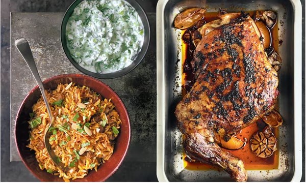 Slow-roast shoulder of lamb with harissa, spiced pilaf rice and yoghurt