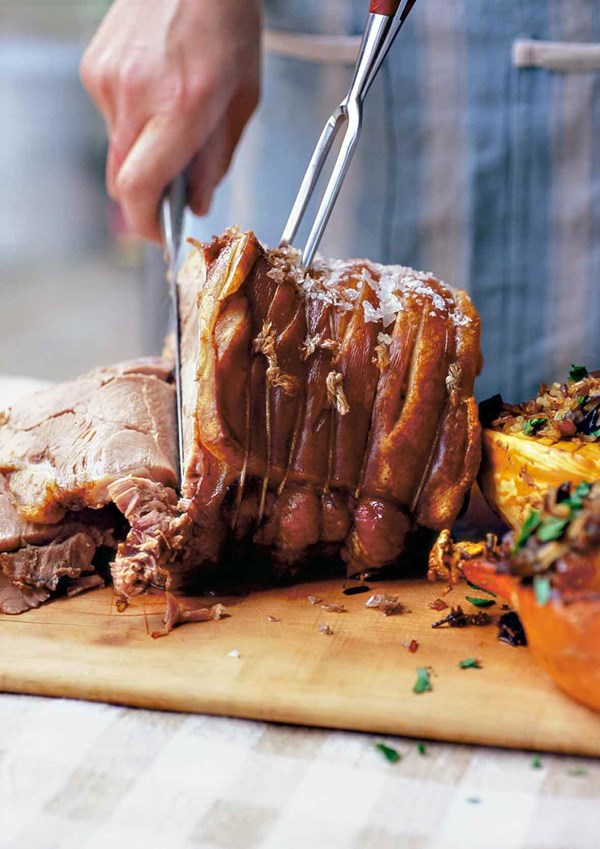 Slow-roast shoulder of pork with stuffed squash